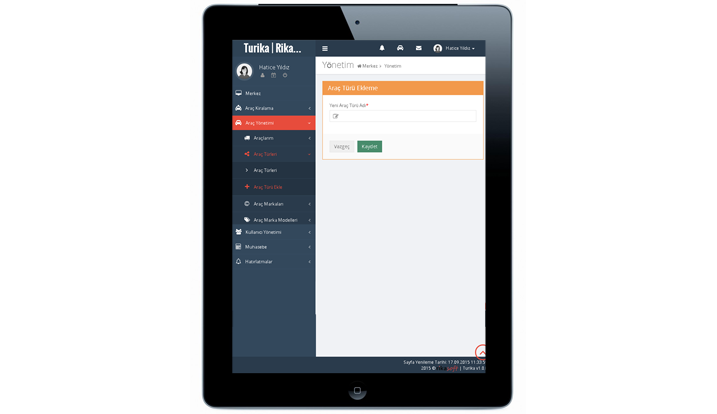  Araç Türü Ekleme  Ekranı IPAD Görünümü