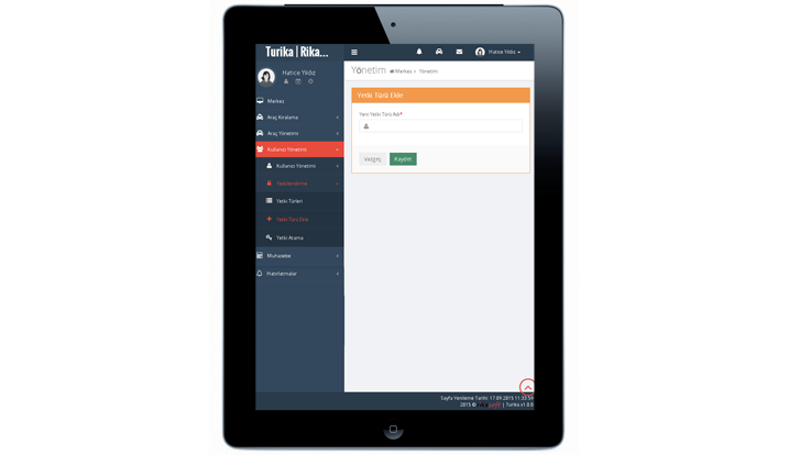  Yetki Türü Ekleme Ekranı IPAD Görünümü
